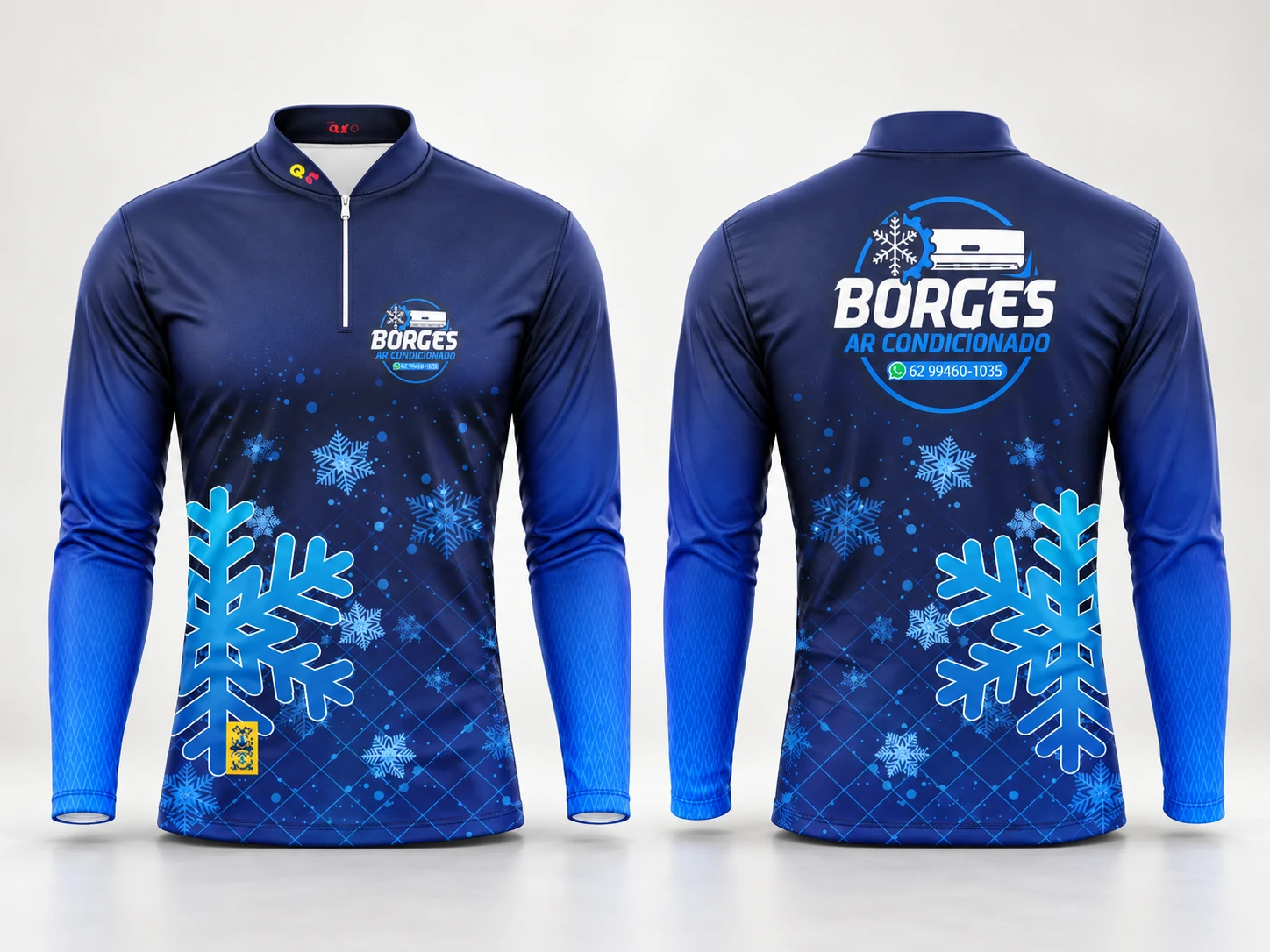 Mockup de referência: Uniforme Borges Ar Condicionado azul, frente e costas