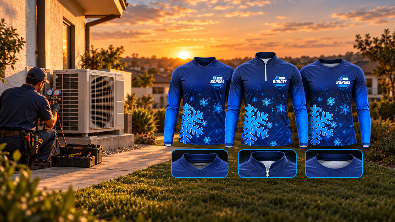 Imagem ilustrativa: três camisas de climatizacao, com Gola Qualy, gola padre com zíper e gola redonda, e detalhes correspondentes das golas
