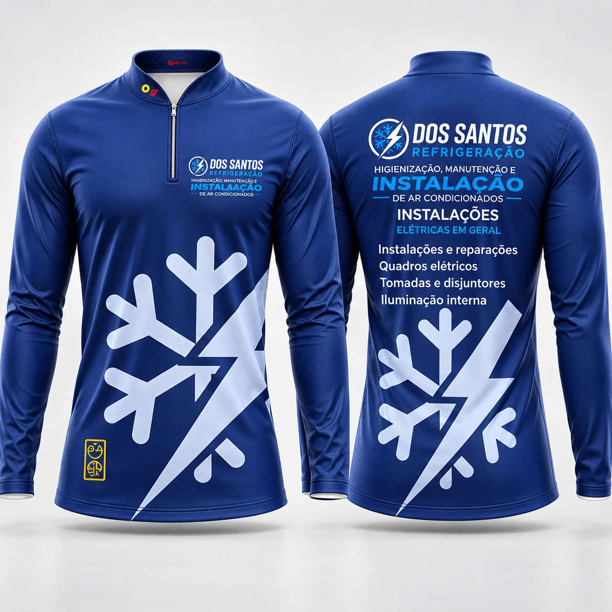 Imagem ilustrativa: Uniforme sublimado azul-marinho da Dos Santos Refrigeração, frente e costas, com floco de neve, raio e lista de serviços nas costas