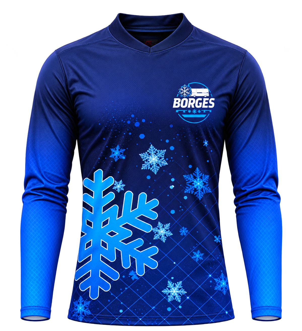 Imagem fornecida: camisa azul personalizada Borges, com Gola Qualy e mangas tradicionais