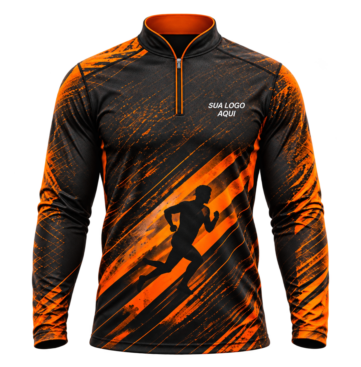Imagem fornecida: camisa esportiva preta e laranja com gola padre, zíper frontal e mangas tradicionais