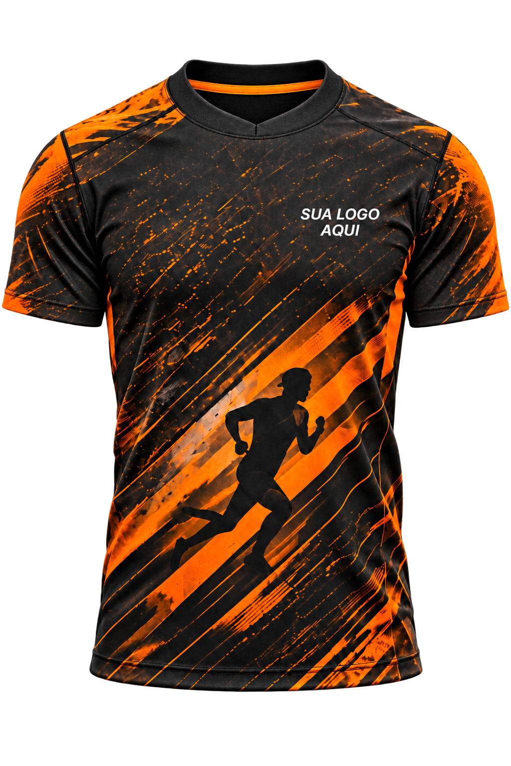 Imagem ilustrativa: camisa esportiva preta e laranja de manga curta, com Gola Qualy de faixa baixa e união central