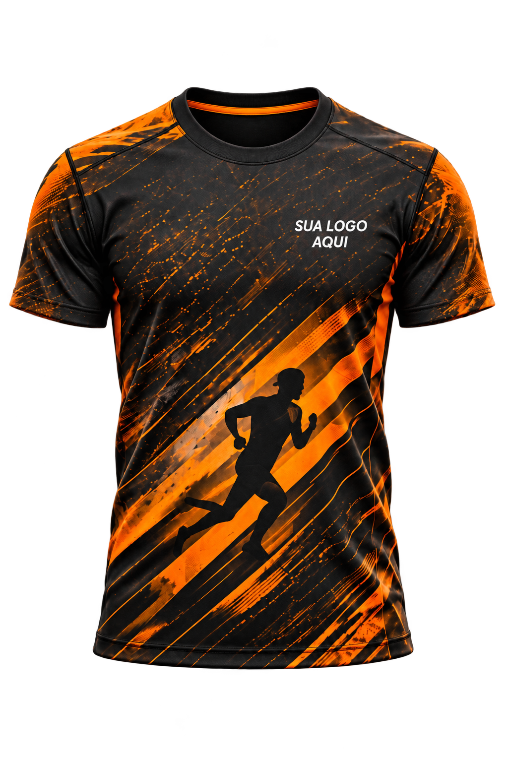 Imagem ilustrativa: camisa esportiva preta e laranja de manga curta, com gola redonda e mangas tradicionais