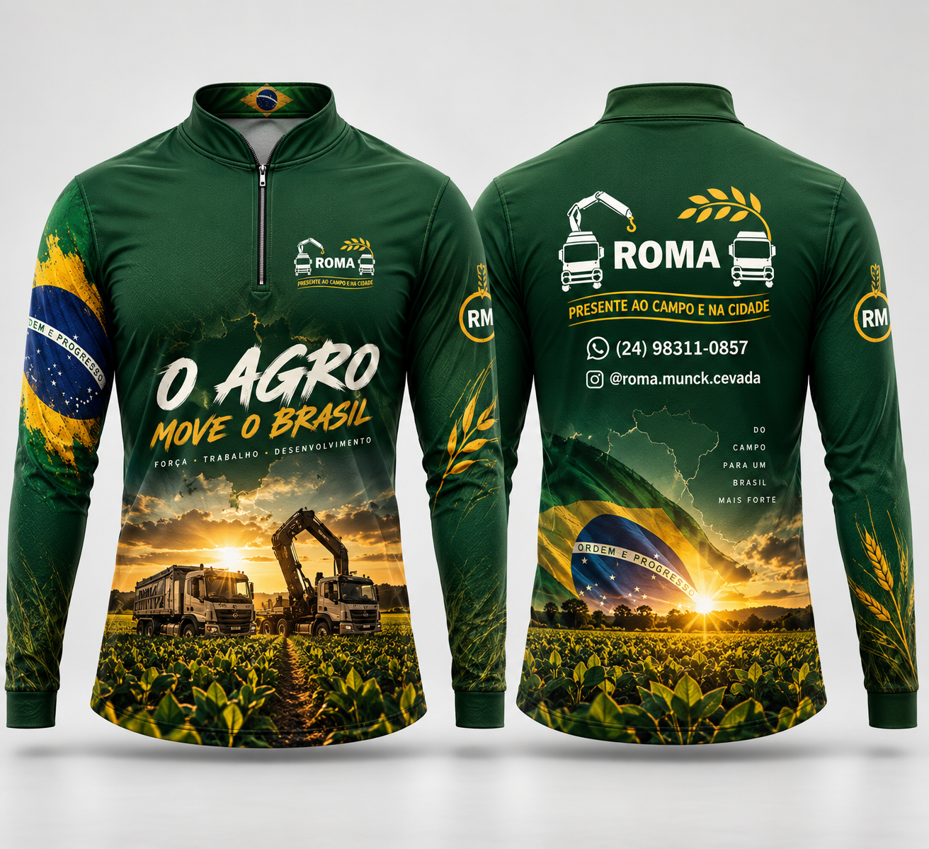 Imagem fornecida: camisa verde da Roma, frente e costas, com estampa do agro, caminhões e gola padre com zíper